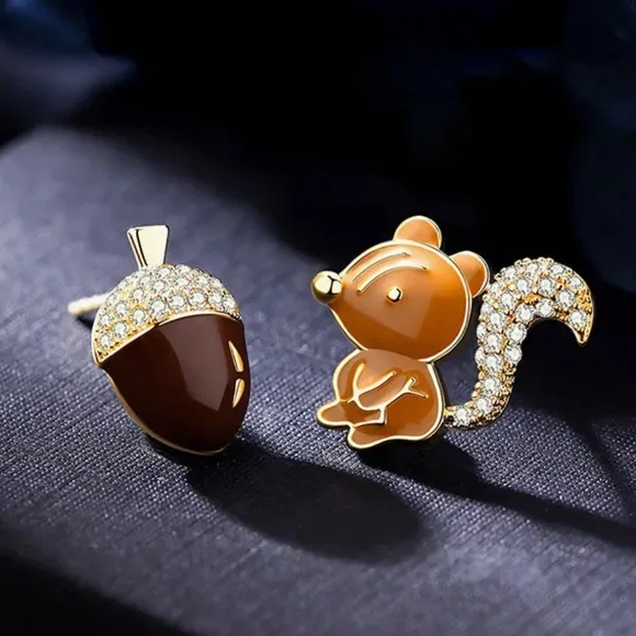 Gold and Brown Squirrel and Acorn Earrings - Picture 2 of 4